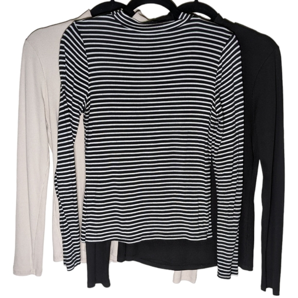 Basics Layering Mock Neck Long Sleeve Bundle with Cream, Black, & Striped Tees - Picture 3 of 6